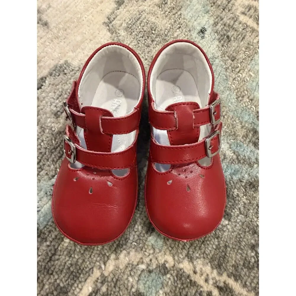 Angel Baby Girls Hattie Double Buckle Leather Mary Jane Sz 7 Red Leather